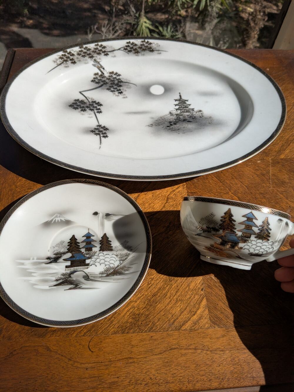 Vintage Kutani Hand Painted Japan Platter & Teacup Set - Monochrome Mt Fuji
